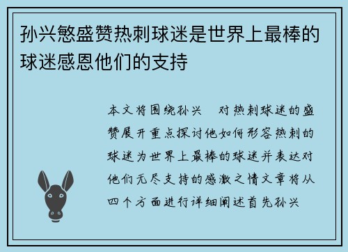 孙兴慜盛赞热刺球迷是世界上最棒的球迷感恩他们的支持