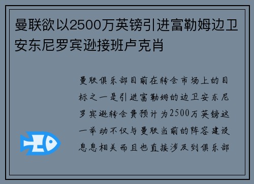 曼联欲以2500万英镑引进富勒姆边卫安东尼罗宾逊接班卢克肖 曼联欲以2500万英镑引进富勒姆边卫安东尼罗宾逊接班卢克肖